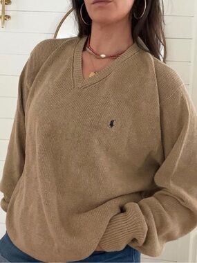Rare Vintage NWT Ralph Lauren Mens Classic V-Neck Linen/Cotton Sweater in Camel